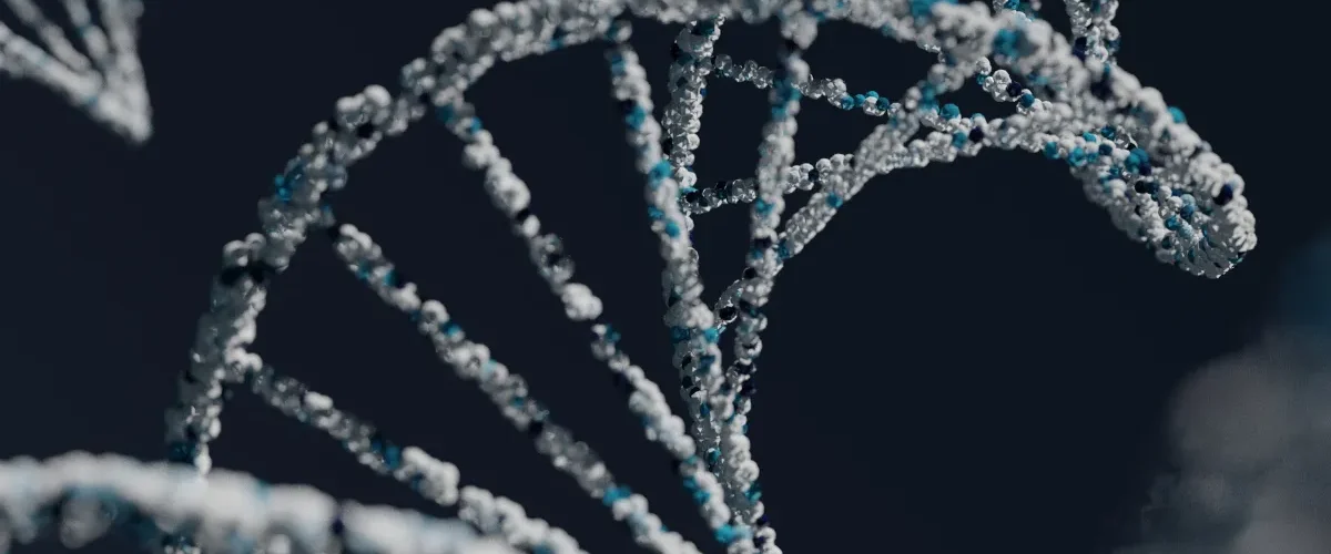 Estrutura de DNA em close com moléculas formando dupla hélice em fundo escuro