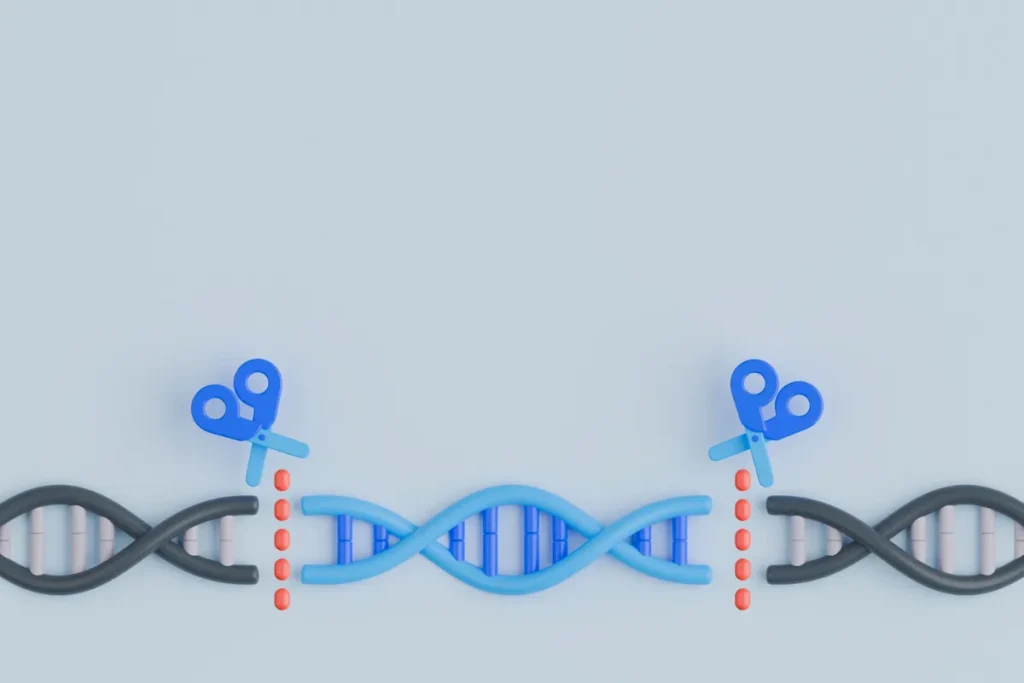 Ilustração de edição genética com tesouras cortando uma sequência de DNA