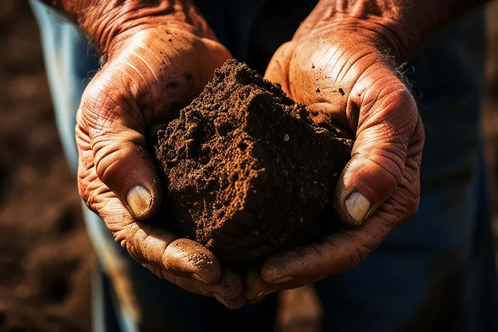 Mãos segurando uma porção de solo marrom para análise de características do terreno
