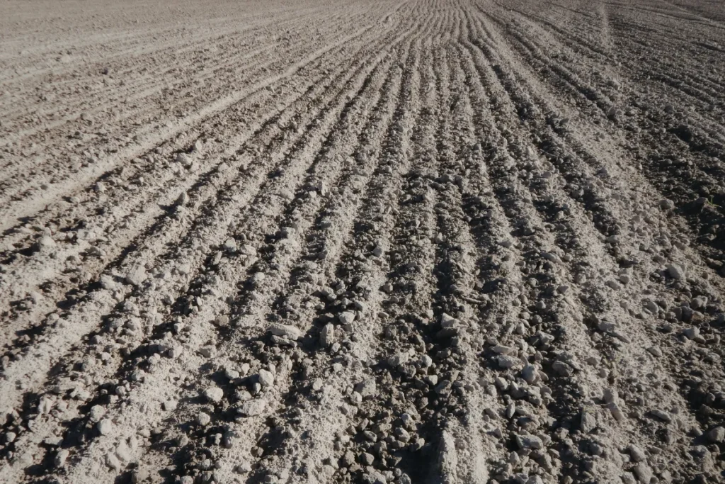 Superfície de terreno com sulcos e solo seco preparado para análise ou construção