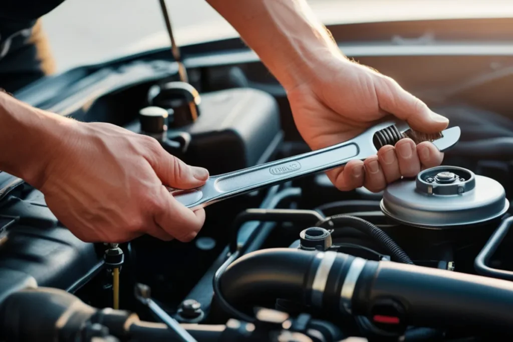 mãos utilizando chave inglesa para ajustar peça no motor de um carro
