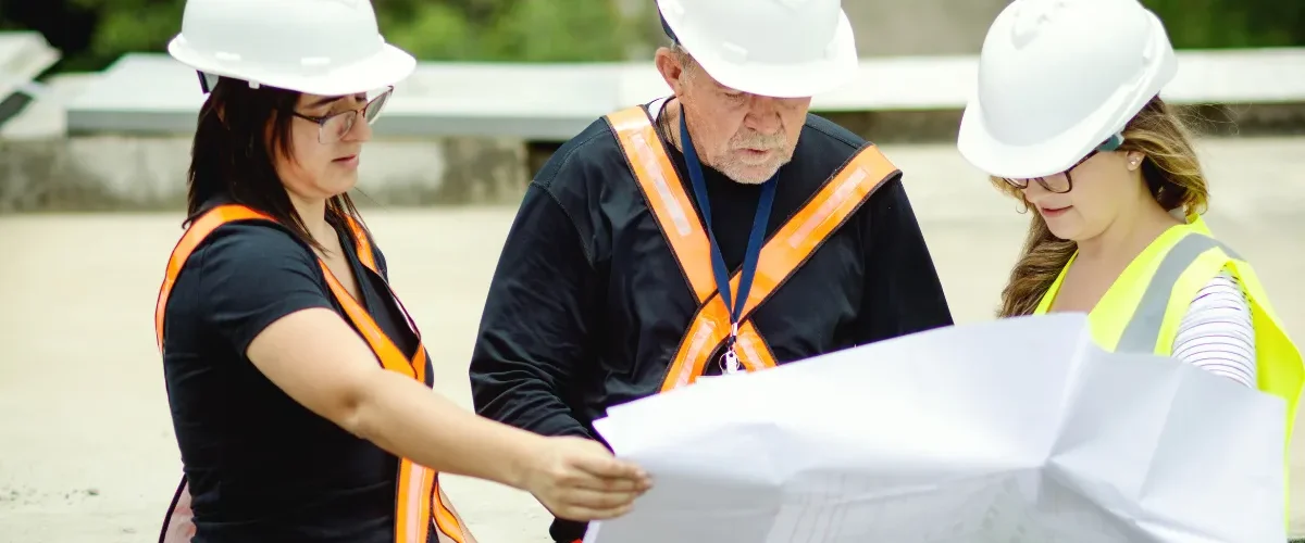 Três profissionais com capacetes e coletes refletivos analisando uma planta de obra em ambiente externo