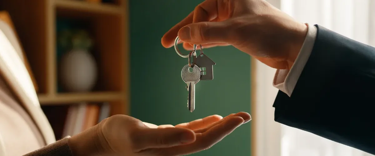 Pessoa entregando chaves de imóvel para outra mão em ambiente interno com luz natural