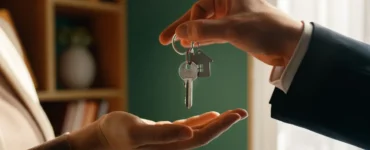 Pessoa entregando chaves de imóvel para outra mão em ambiente interno com luz natural