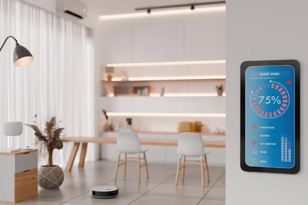 sala moderna com tablet exibindo controle de energia e sistema de casa inteligente