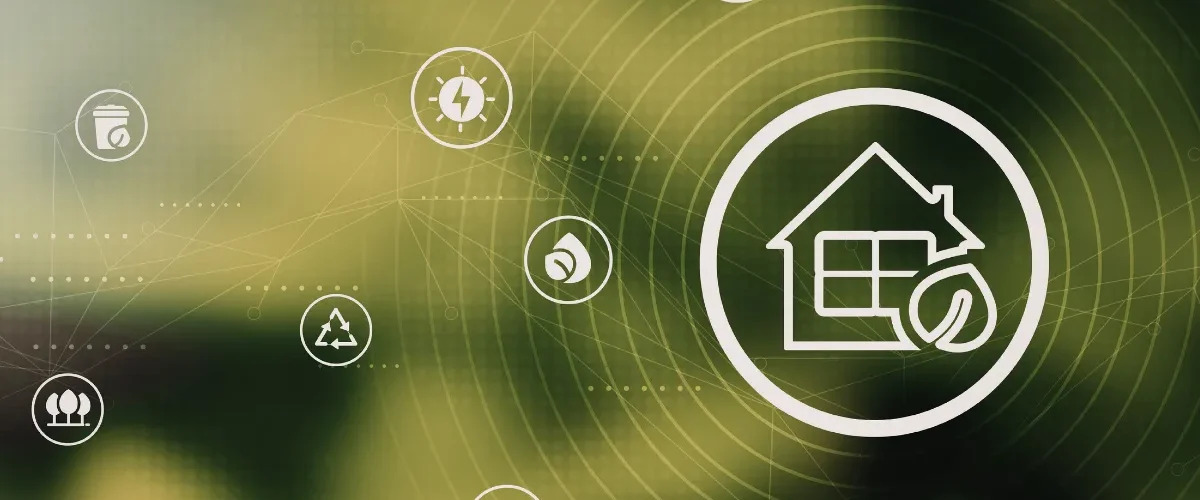 ícone de casa com símbolo de energia cercado por elementos digitais e sustentáveis