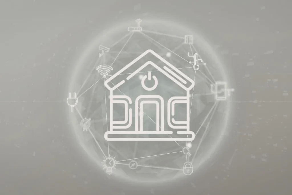 ícone de casa conectado a rede digital com símbolos de energia e tecnologia ao redor